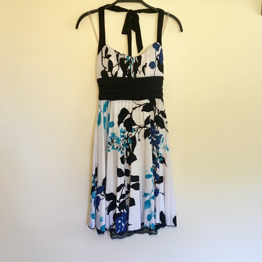 White Blue and Black Floral Halter Dress